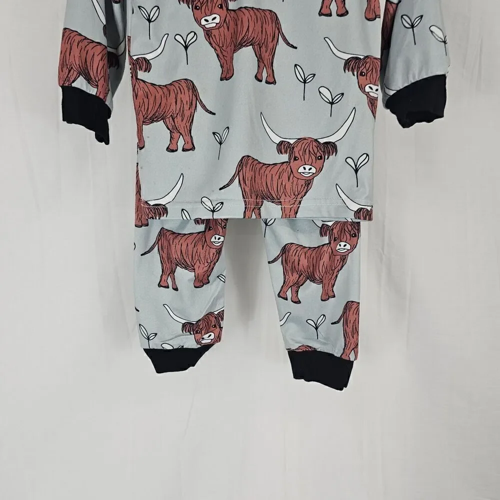 Highland Cow Pajama Blue/gray With Black Trim Brown Cow Print Pajama Set Size 92